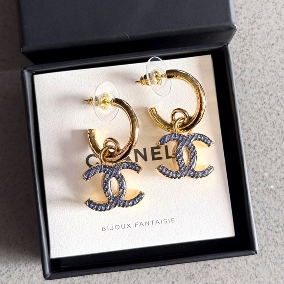 CHANEL 2024 Large Gold Blue CC Hoop Earrings